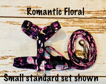 Dog harness, Harness and leash, step in harness, standard harness, dog leash, dog harness set, floral, pink flowers, black harness,
