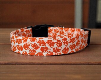 Orange Elephant Wide Dog Collar, Washable Cotton Fabric with Adjustable Side Release Buckle