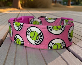 Funny handmade dog collar “Ball Chaser”: Washable fabric, adjustable side release, webbing core, customizable hardware, wide dog collar