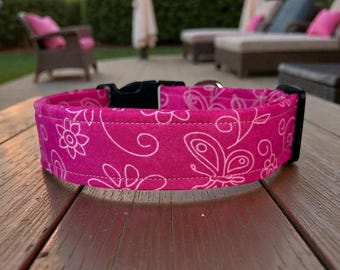 Pink Butterfly & Floral Handmade dog collar: Washable fabric, adjustable side release, webbing core, customizable hardware, wide dog collar