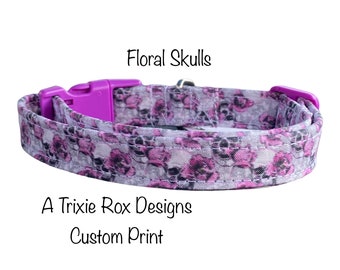 Skull and floral dog collar, purple floral, adjustable collar, side release dog collar, washable, skulls, roses, purple, gray, fabric collar