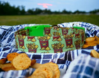 Food Dog Collar With Potato Chip Print, Cotton Fabric and Adjustable Side-Release Buckle