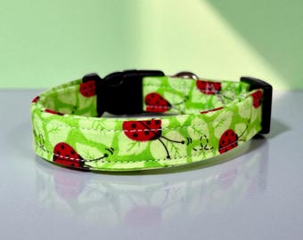 Lady bug and leaves spring dog collar, handmade customizable adjustable pet collar, side release washable fabric dog collar