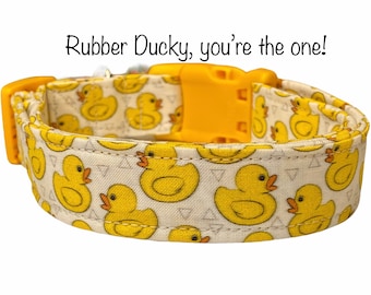 Yellow duck dog collar, handmade dog collar, side release dog collar, washable fabric dog collar, custom dog collar, adjustable dog collar