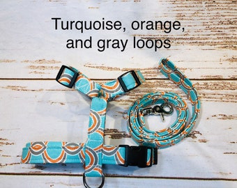 Dog harness, Harness and leash, step in harness, standard harness, adjustable harness, dog harness set, orange, turquoise, gray