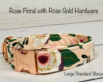 Dog Collar, adjustable collar, metal buckle, martingale, floral dog collar, rose gold hardware, buckle dog collar, blush pink, rose gold