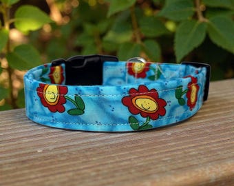 Smiley Floral funny Handmade dog collar: Washable fabric, adjustable side release, webbing core, customizable hardware, wide dog collar