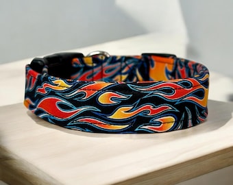 Flame Dog Collar, Adjustable Fabric Dog Collar, Handmade Funny Dog Collar, Washable Gift for Dogs, Side Release Buckle, Unique Pet Collar