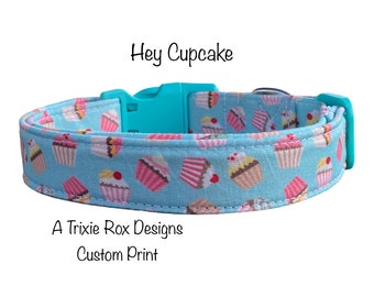 Cupcake Dog collar, food dog collar, cupcakes, blue, pink, adjustable collar, washable collar, side release, cat collar, fabric collar, dog