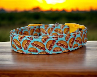 Hot Dog handmade dog Collar: Funny Food Print, Adjustable Side Release, funny dog collar, side release, washable, adjustable
