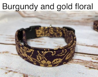 Burgundy and gold floral dog collar, standard adjustable or martingale