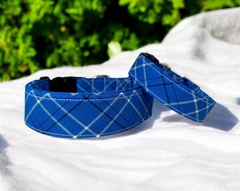 Blue plaid dog collar, handmade fabric dog collar, side release adjustable dog collar, funny dog collars, washable, gifts for dogs