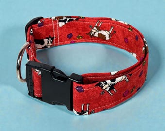 Cow and Flowers handmade dog collar, adjustable side release, washable cotton fabric, webbing core, customizable hardware, gifts for pets