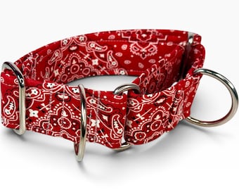 Red Bandana handmade martingale dog collar, washable cotton fabric, adjustable, no buckle, stainless steel hardware, wide