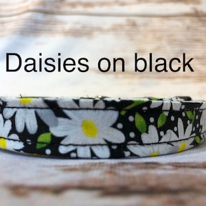 Daisy Dog Collar: Black Floral Fabric, Adjustable Side ReleaseHandmade floral dog collar