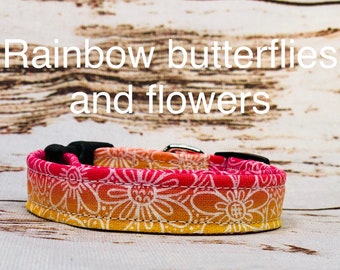 Butterfly and flowers dog collar, rainbow dog collar, side release collar, adjustable collar, washable, eco friendly, girl dog collar