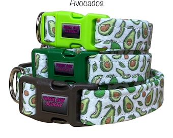 Avocado dog collar, funny dog collar, food dog collar, adjustable, washable, eco friendly, side release collar, green, avocado, cute, white