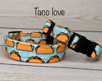 Taco dog collar, food dog collar, funny dog collar, side release collar, adjustable dog collar, washable, fabric dog collar, blue, tacos,