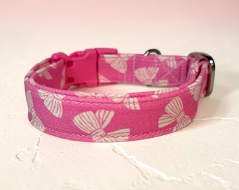 Pink Bow handmade dog collar, adjustable side release, washable cotton fabric, webbing core, customizable hardware color, girly dog collar