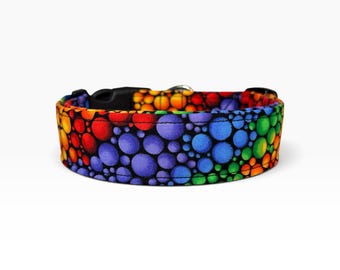 Rainbow Bubbles handmade dog collar, adjustable side release, washable cotton fabric, webbing core, customizable hardware color