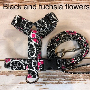 Floral Dog Harness and Leash Set: Black & Fuchsia Flowers, Funny Handmade Dog Collar