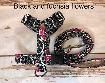 Dog harness, harness and leash, step in harness, standard harness, dog harness set, adjustable harness, floral, Black and fuchsia flowers
