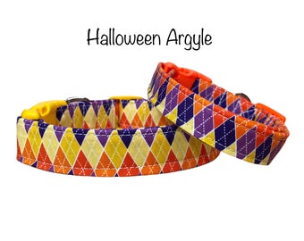 Halloween Dog Collar, Argyle Dog collar, adjustable collar, side release collar, washable dog collar, fabric dog collar, orange, purple