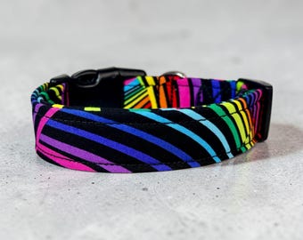 Rainbow Geometric on Black handmade dog collar, adjustable side release, washable cotton fabric, webbing core, customizable hardware color