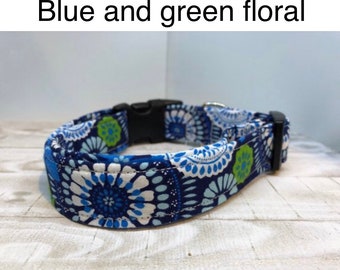 Floral dog collar, blue, green, girl dog collar, flower dog collar, adjustable collar, washable collar, eco friendly, side release collar,