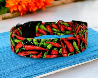 Spicy Pepper dog collar, handmade fabric dog collar, side release adjustable dog collar, funny dog collars, washable, gifts for dogs