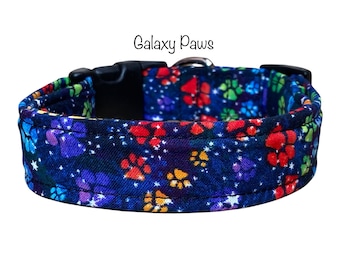 Galaxy dog collar, paw print dog collar, adjustable dog collar, washable collar, side release collar, cat collar, galaxy, celestial, blue