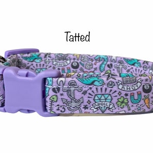 Tattoo Dog Collar: Purple Washable Cotton, Adjustable, handmade dog collar
