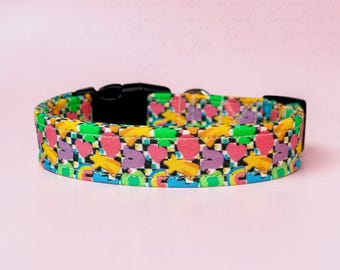 Marshmallows on Checks handmade dog collar, adjustable side release, washable cotton fabric, webbing core, customizable hardware color