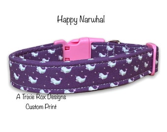 Narwhal dog collar, funny dog collar, purple dog collar, adjustable, washable, eco friendly fabric dog collar, cat collar, girl, purple, dog