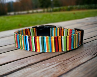 Rainbow striped dog collar, girl dog collar, boy dog collar, side release adjustable collar, washable dog collar, handmade dog collar