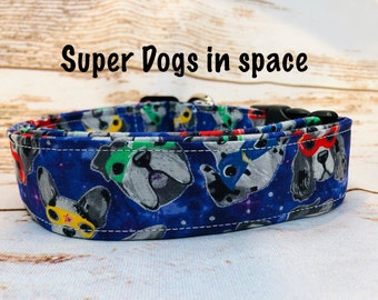 Super dog collar, hero dog collar, masked dogs, side release dog collar, adjustable, washable, blue, eco friendly, fabric dog collar, boy