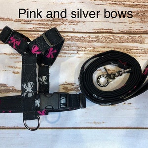 Dog Harness and Leash Set: Pink & Silver Bows, Step-In or Standard