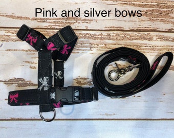Dog harness, Harness and leash set, step in harness, standard harness, dog leash, pink, silver, bows, dog harness girl, dog harness black