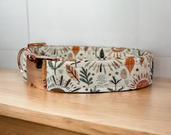 Personalized engraved fall leaves and floral dog collar, side release metal hardware, handmade fabric dog collar with engraved metal buckle