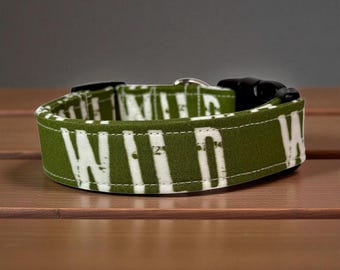 Handmade Olive Green Dog Collar: "Wild" Fabric, Adjustable Pet Collar