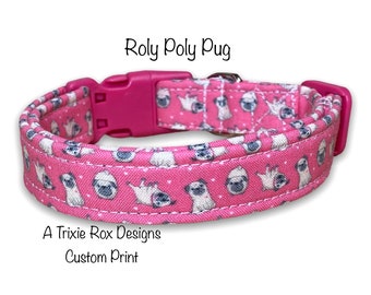 Pug dog collar, funny collar, fabric dog collar, pink dog collar, washable, adjustable, eco friendly, side release collar, cat collar