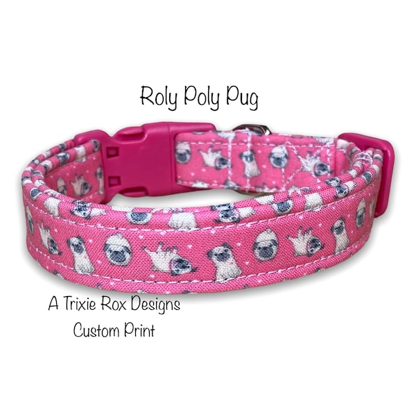Pug Dog Collar: Funny Pink Fabric, Adjustable, Eco Friendly