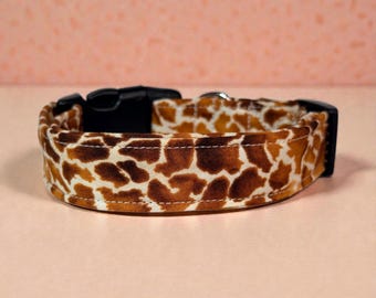 Giraffe Print Handmade dog collar, adjustable side release, washable cotton fabric, webbing core, customizable hardware