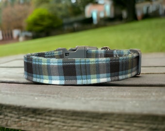 Dog collar, plaid dog collar, blue plaid dog collar, fabric dog collar, designer dog collar, unisex, custom dog collar, gray dog collar