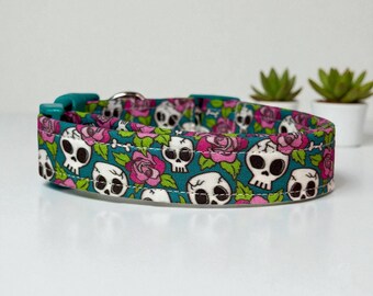Handmade Skulls and Roses Dog Collar, Washable Fabric, Adjustable Pet Collar, handmade floral side release dog collar