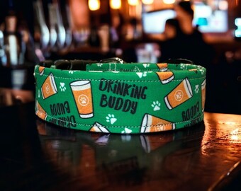 Handmade Dog Collar, Green Cotton Drinking Buddy Design With Adjustable Side-Release Closure