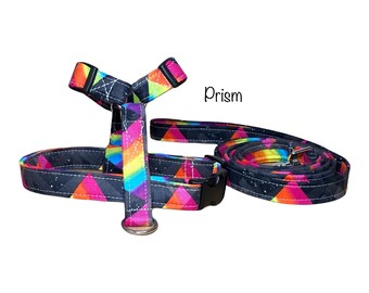 Rainbow dog harness and leash set, harness and leash set, adjustable, washable, step in harness, Roman dog harness, rainbow prism, fabric