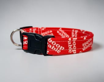 Funny handmade dog collar “Boopable”: Adjustable side release, washable cotton fabric, webbing core, customizable hardware color