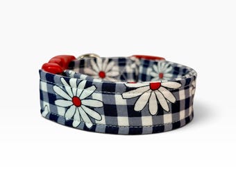 Daisy and blue gingham handmade Dog Collar: washable fabric side release pet collar, webbing core, customizable hardware color