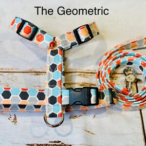 Geometric Dog Harness and Leash Set: Adjustable Step-In or Roman Style
